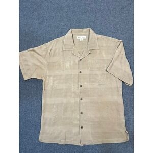 #A062 Tommy Bahama Mens Medium 100% Silk Camp Shirt Tan Solid Jacquard